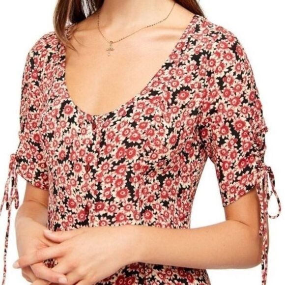 Free People Floral Laced Up Skater Mini Dress In Red/Black - Picture 4 of 11